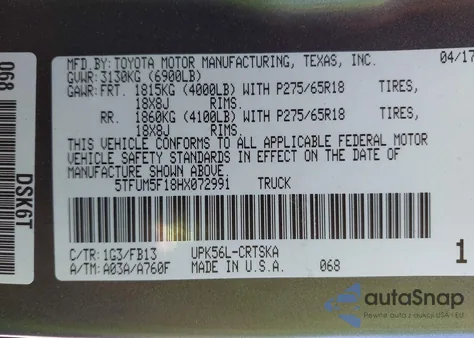 2017 Toyota Tundra Sr5 4.6L V8 from USA, damaged, VIN 5TFUM5F18HX072991